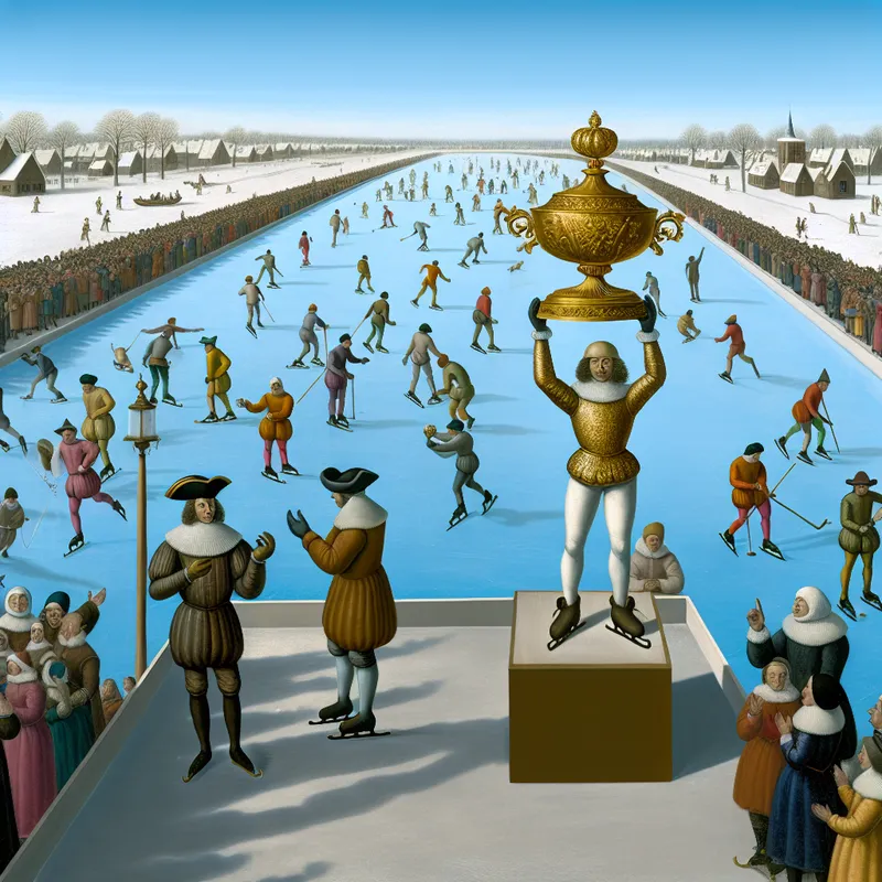 Winnaar van een wintercompetitie op een bevroren kanaal ontvangt een gouden trofee als beloning, omringd door juichende schaatsers en toeschouwers in een levendige Avercamp-stijl schilderij