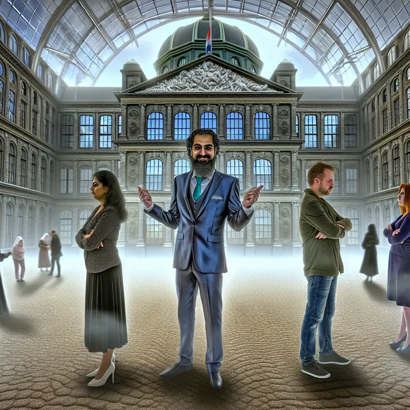 Bemiddelaar in hyperrealistische stadsscène tussen ruziënde individuen