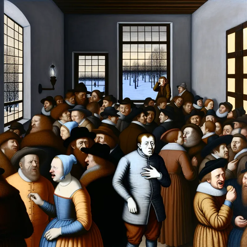 Een persoon in een drukke ruimte, zichtbaar gestrest en benauwd, omringd door gesprekken.