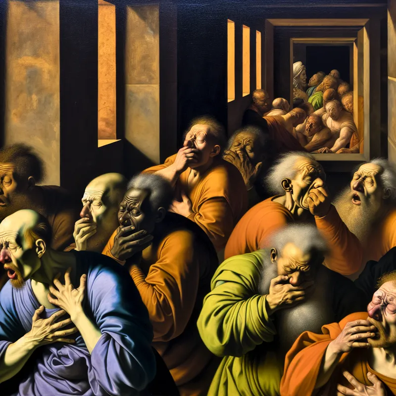 Een dramatisch interieur met gespannen figuren die worstelen om te ademen in een benauwde ruimte.