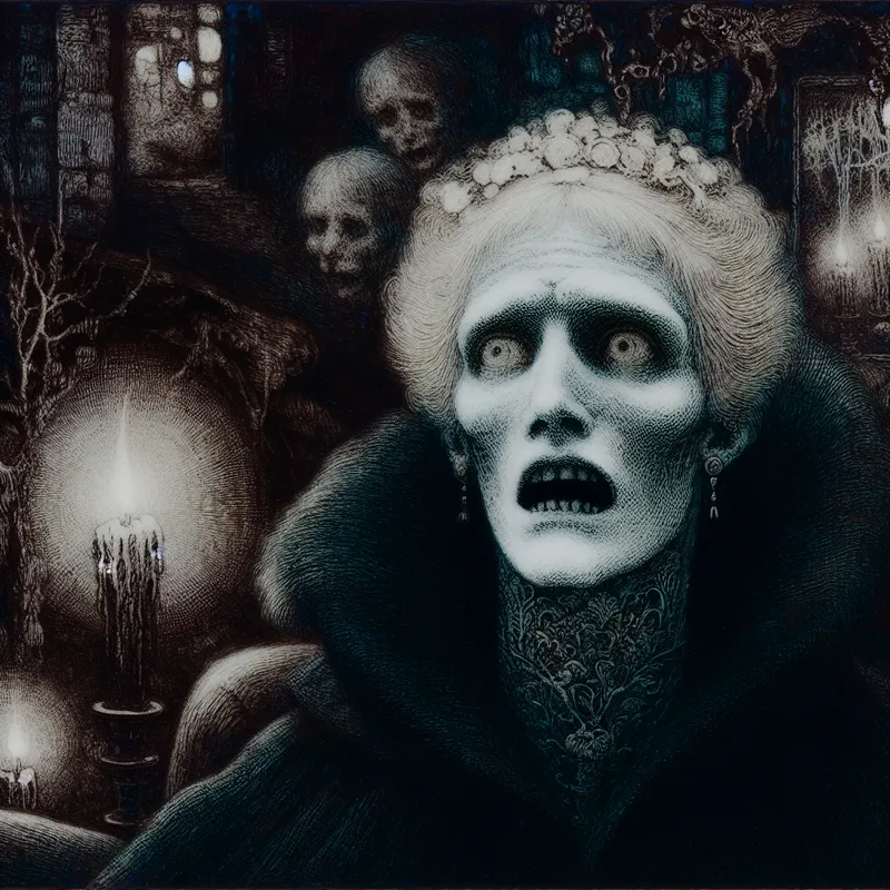 Bleke vrouw met benen kleur, angstig gezicht in donkere gotische omgeving, symbolisch voor bleekheid zoals botten