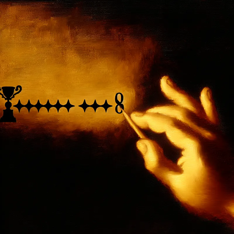 Een hand die een beoordelingsschaal van 1 tot 10 vasthoudt, bij het getal 8, met een dramatische achtergrond