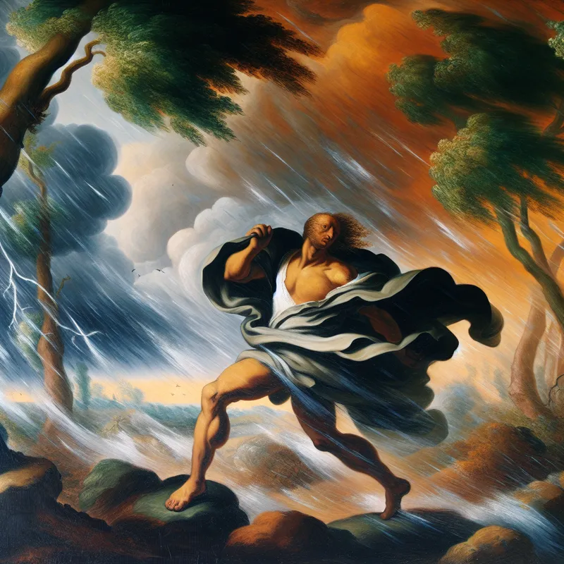 Bepaalde figuur in een cape die zich door zware regen en sterke wind strijdt, met gebogen bomen en donkere wolken op de achtergrond.