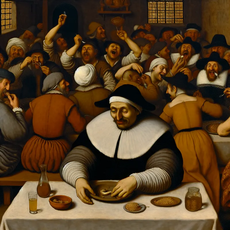 Gezellige Nederlandse taverne-scène in de stijl van Jan Steen, waarin iemand teleurgesteld kijkt naar een klein beetje eten op een bord terwijl anderen royaal eten