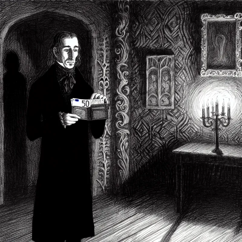 Een donkere, sombere scène met een solitair figuur in een schimmige kamer die een open portemonnee met vijftig euro erin vasthoudt.