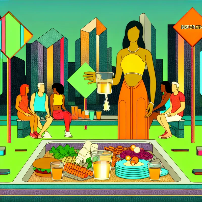 Vriendengroep bij picknicktafel zonder drank, moderne retro illustratie