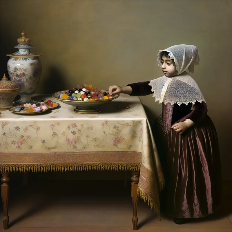 Jong kind toont zelfbeheersing bij een schaal snoepjes in een schilderij in de stijl van Gerard ter Borch, illustratie van het concept beperking