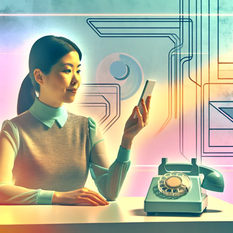 Jongere die aan een modern bureau zit met een smartphone in de hand, omgeven door geometrische vormen en retro-futuristische elementen.