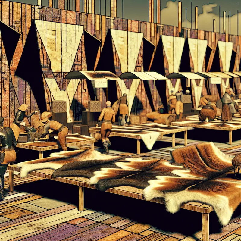 Retro-futuristische marktscène met jagers die grote berenvachten verkopen op houten tafels, gebruikt voor leer of bont