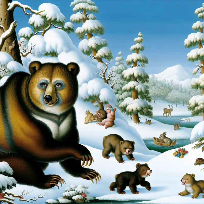 Een berin die haar speelse welpen in een besneeuwd bos observeert, omringd door een charmant winterlandschap.