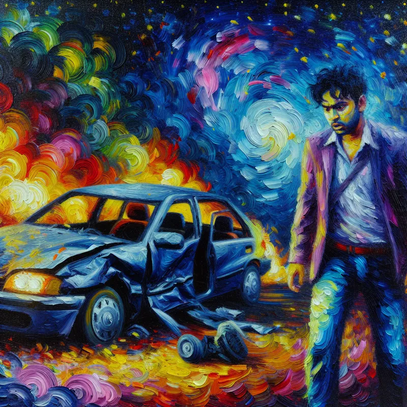 Jonge man met een uitdrukking van berouw naast een vernield voertuig, onder een kleurrijke nachtelijke lucht, in de stijl van Vincent van Gogh.