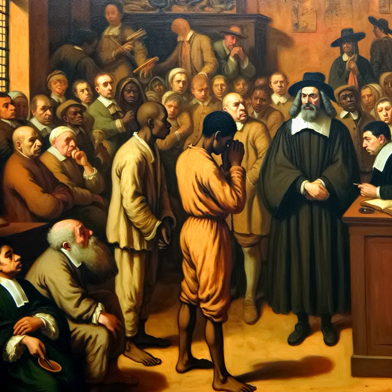 Gedetailleerde rechtszaalscène in de stijl van Jan Steen met een berouwvolle beklaagde voor de rechter, omringd door diverse reacties van omstanders