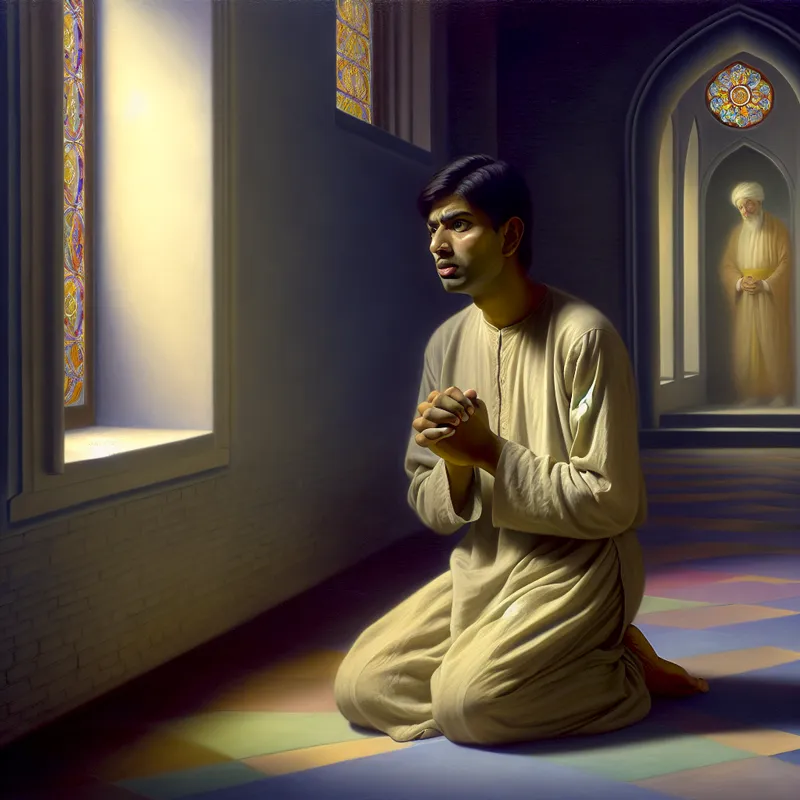 Een berouwvolle man knielend in een rustige kapel met gevouwen handen in gebed, omgeven door gekleurd licht van het glas-in-lood.