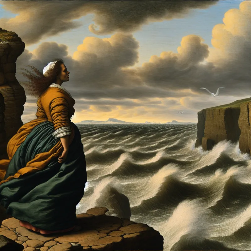 17e-eeuws Hollands landschap van Jacob van Ruisdael met een vrouw op een klif die berustend uitkijkt over een stormachtige zee, symbool voor aanvaarding van een moeilijke situatie