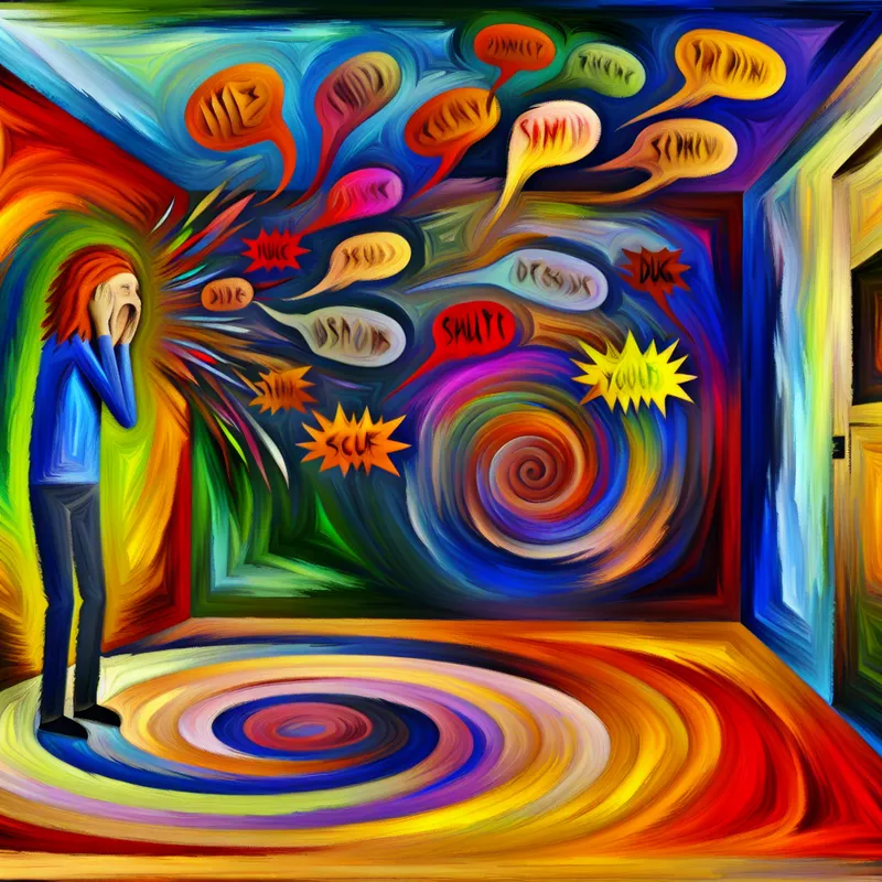 Afbeelding van een persoon in een kleurrijke kamer die zich diep beschaamd en ongemakkelijk voelt, omringd door chaotische kleuren en spraakbubbels.