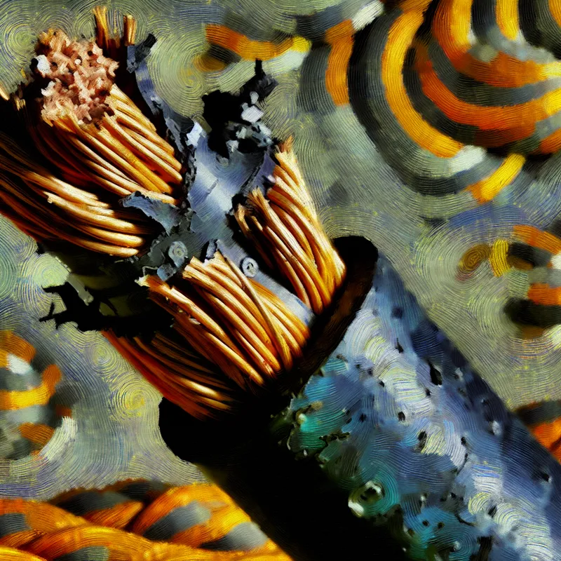 Beschadigde elektrische kabel met zichtbare binnenkabels door slijtage, in Van Gogh-stijl met expressieve penseelstreken