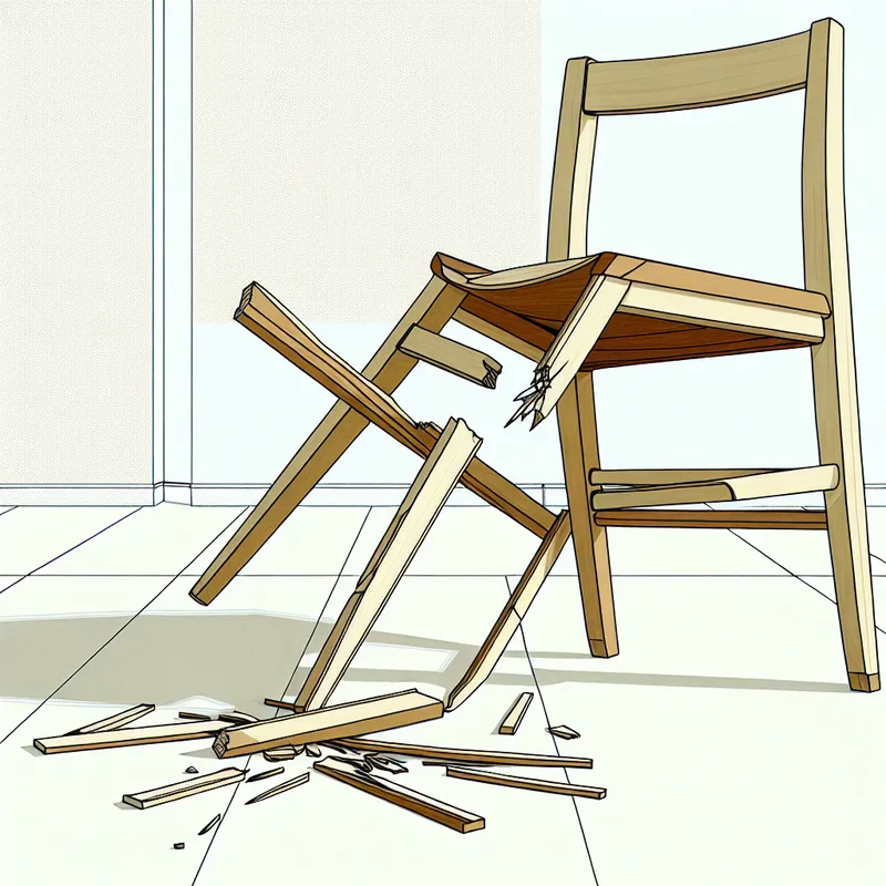 Gebroken houten stoel met gescheurde zitting en gebarsten poot in minimalistische kamer, retro-futuristische illustratie