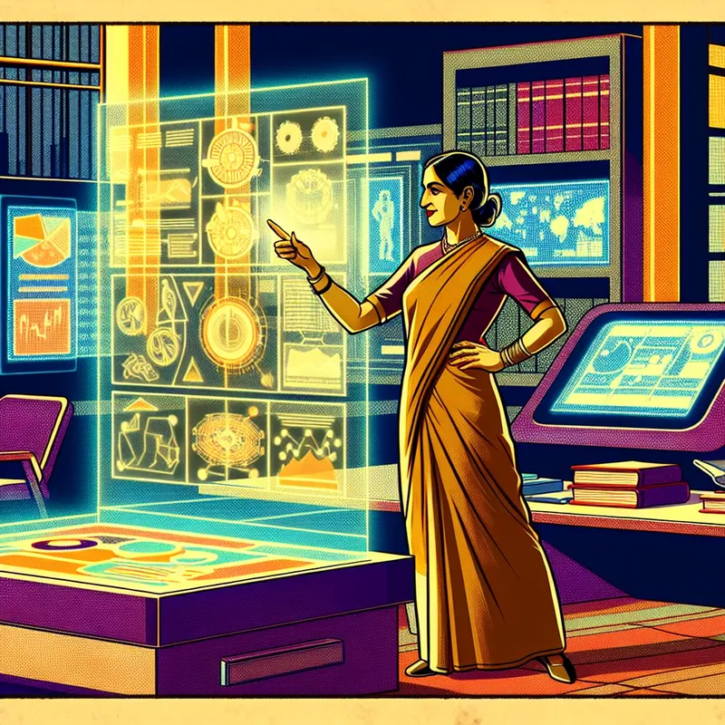 Illustratie van een persoon die zelfverzekerd wijst naar een holografisch scherm met complexe data in een moderne werkruimte, symbool voor expertise en kennis van zaken