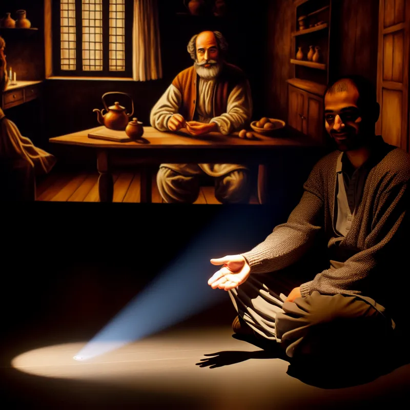 Een man die stil in gedachten is in een sfeervolle kamer, met een handgebaar van bevestiging naar een vriend.