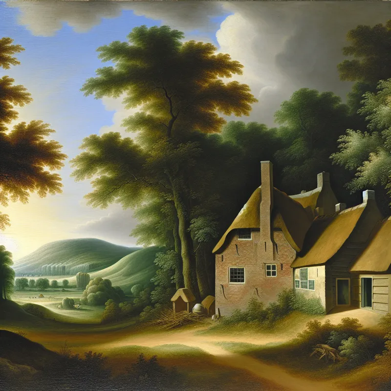 Bescheiden huisje in een 17e-eeuws Nederlands landschap met gloeiende ramen, omringd door heuvels en bomen onder een dramatische lucht