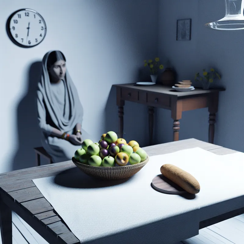 Een bescheiden keuken met een houten tafel, gevuld met vers fruit en een broden, waar een bezorgde persoon zit en naar de klok kijkt.