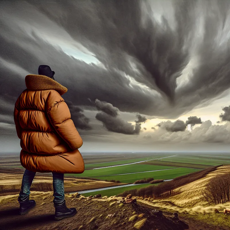 Een persoon in een warme, dikke jas staat op een heuveltop met een dramatische lucht boven zich.