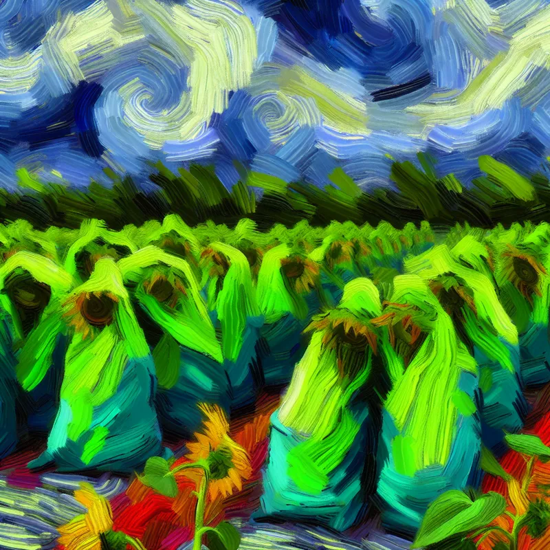 Een kleurrijke tuin met diverse planten, omhulde met bescherming tegen vorst, onder een koude, draaiende lucht.