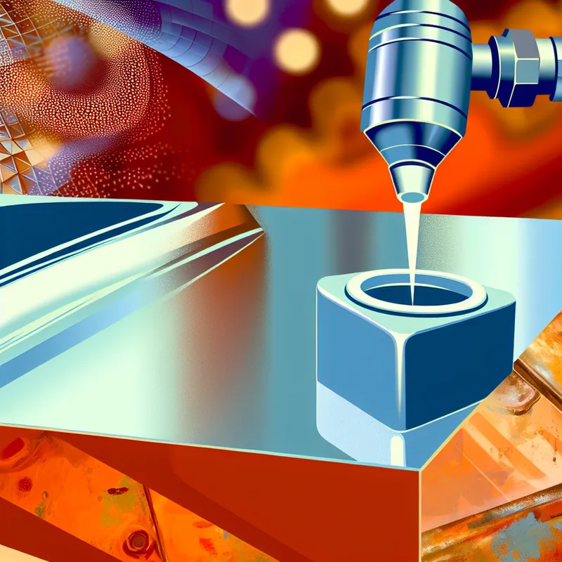 Retro-futuristische illustratie van een glanzende verflaag die als beschermende laag op een metalen autoppervlak wordt aangebracht, met roestdeeltjes die worden afgeweerd