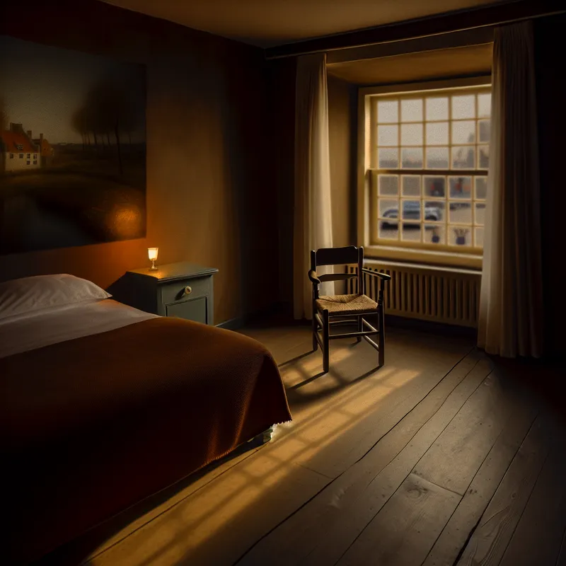 Een gezellig, sfeervol verlichte kamer met een groot en uitnodigend bed, perfect voor gasten