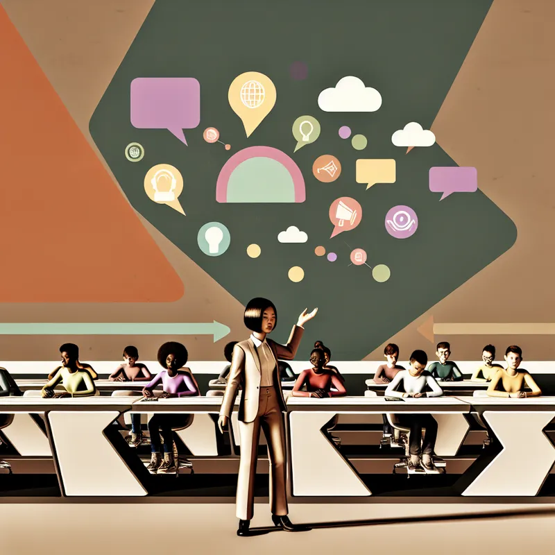 Retro-futuristische klas met leraar en studenten die ideeën uitwisselen, symboliserend beschikbare plek voor creativiteit en dialoog