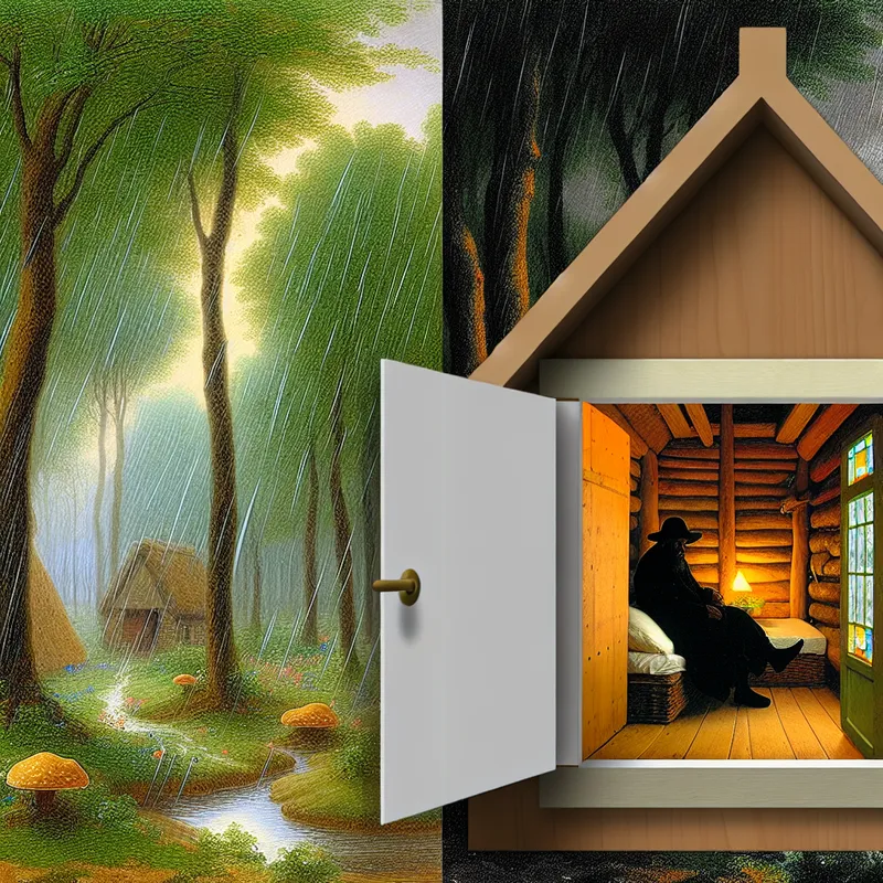 Hut in een bos tijdens storm, persoon vindt beschutting binnen