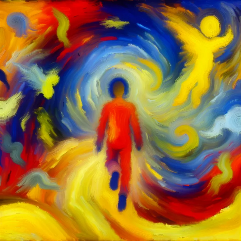 Abstract schilderij van een persoon die uit een dromerige waas ontwaakt naar een kleurrijke realiteit, symboliserend het herwinnen van besef