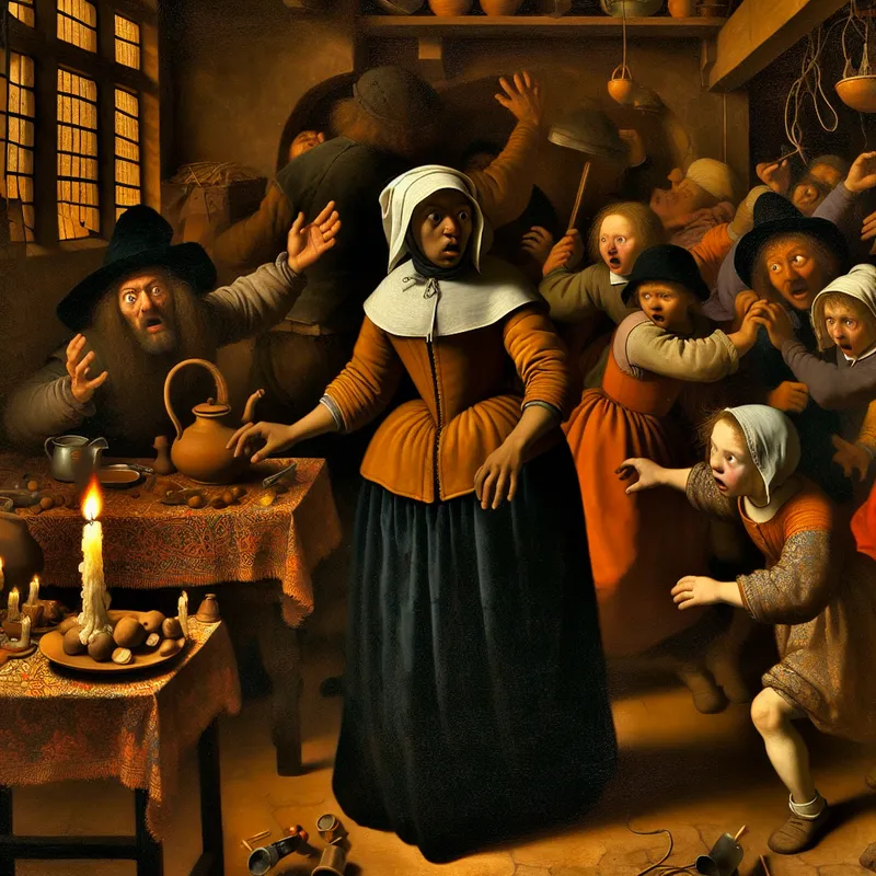 Vrouw schrikt van een beginnende brand in een druk huishouden, terwijl kinderen onbezorgd spelen, illustratie van het besef van ernst