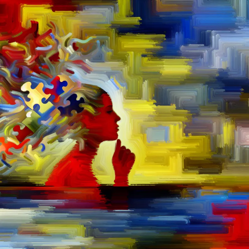 Abstract expressionistisch schilderij van een persoon in diepe gedachten, omringd door chaotische penseelstreken die nadenken en besef symboliseren, met fragmenten van een drukke straat en een logische puzzel