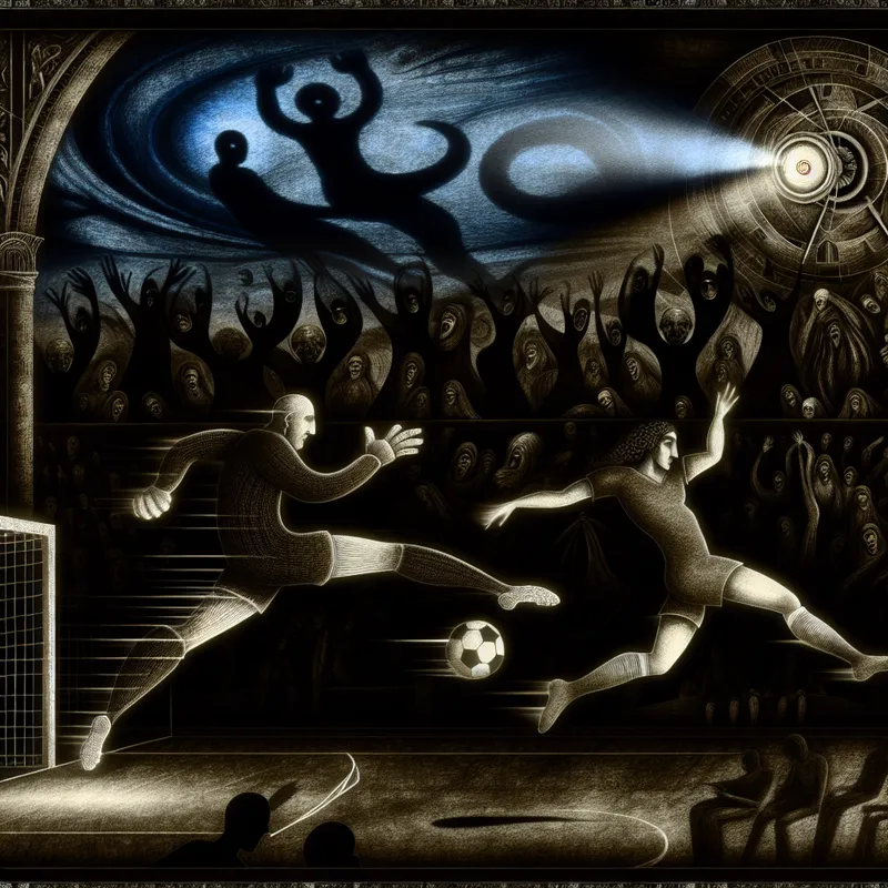 Voetballer scoort beslissend doelpunt in dramatische wedstrijdfinale met gothische sfeer en symboliek