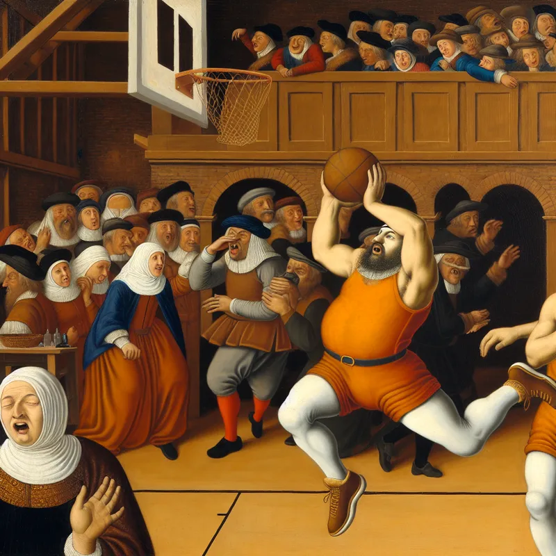 Basketbalspeler in actie tijdens een cruciale wedstrijd, neemt een beslissende sprongschot in een levendige sportscène in de stijl van Jan Steen