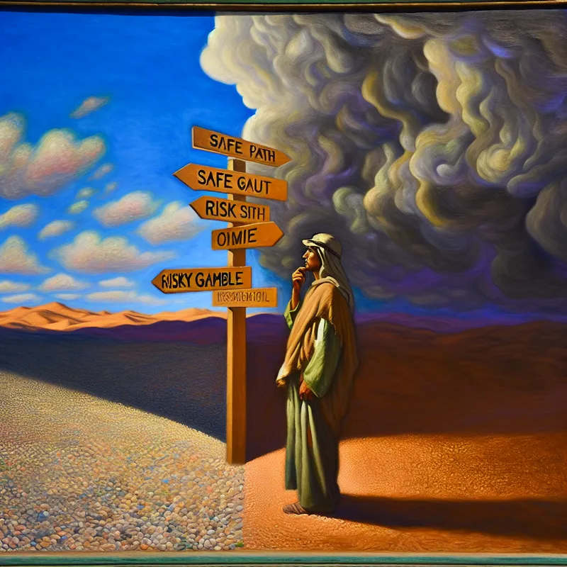 Een persoon staat op een kruispunt, kijkt naar een bord dat wijst naar twee paden: 'Veilige Route' met blauwe lucht en 'Risico' met stormachtige wolken.
