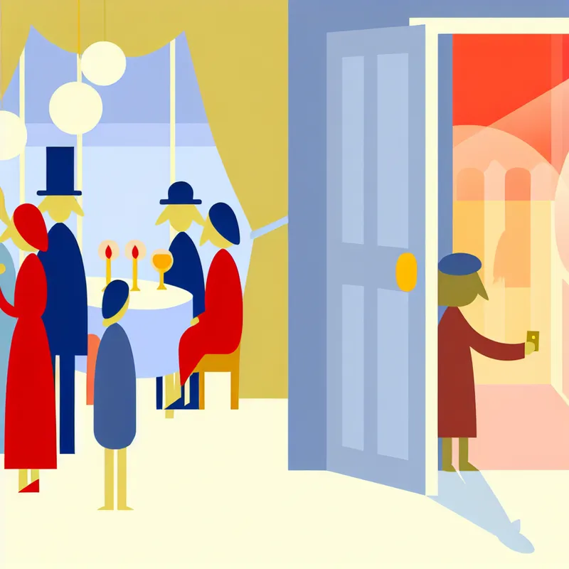 Minimalistische illustratie van een besloten feestje met een uitgestoken hand die een gouden uitnodiging vasthoudt, terwijl de deur op een kier staat