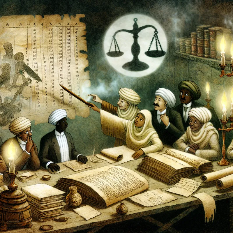 Wijze figuren bestuderen oude documenten met een vergrootglas om een besluit te nemen op basis van bewijs, in een nostalgische sprookjesachtige setting met kaarslicht en een zwevende weegschaal