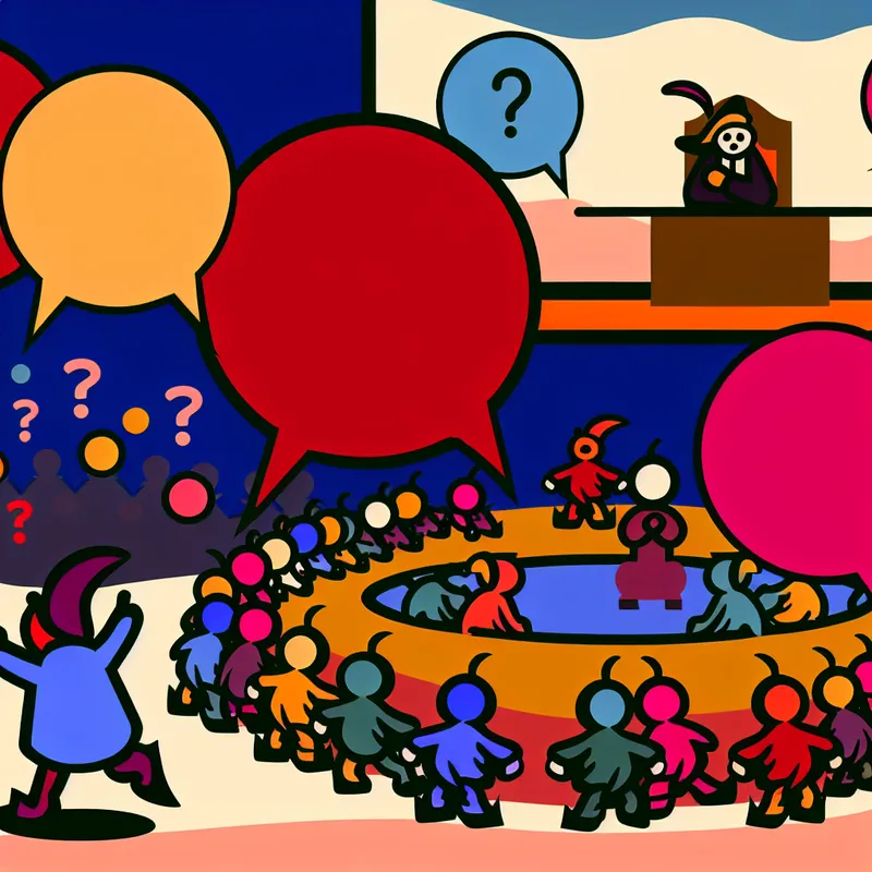 Minimalistische illustratie van kleurrijke cartoonachtige figuren in levendige discussie met een bezorgde figuur aan een tafel op de achtergrond.