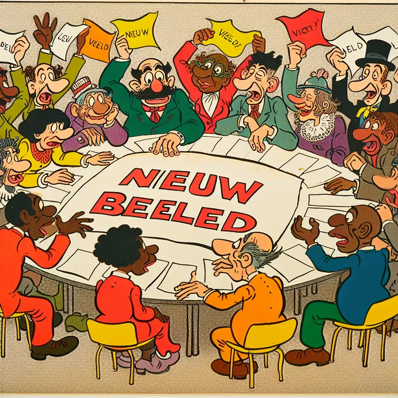 Een groep diverse cartoonfiguren rondom een grote tafel, betrokken bij een energieke discussie over ideeën met kleurrijke papieren en stemkaarten.