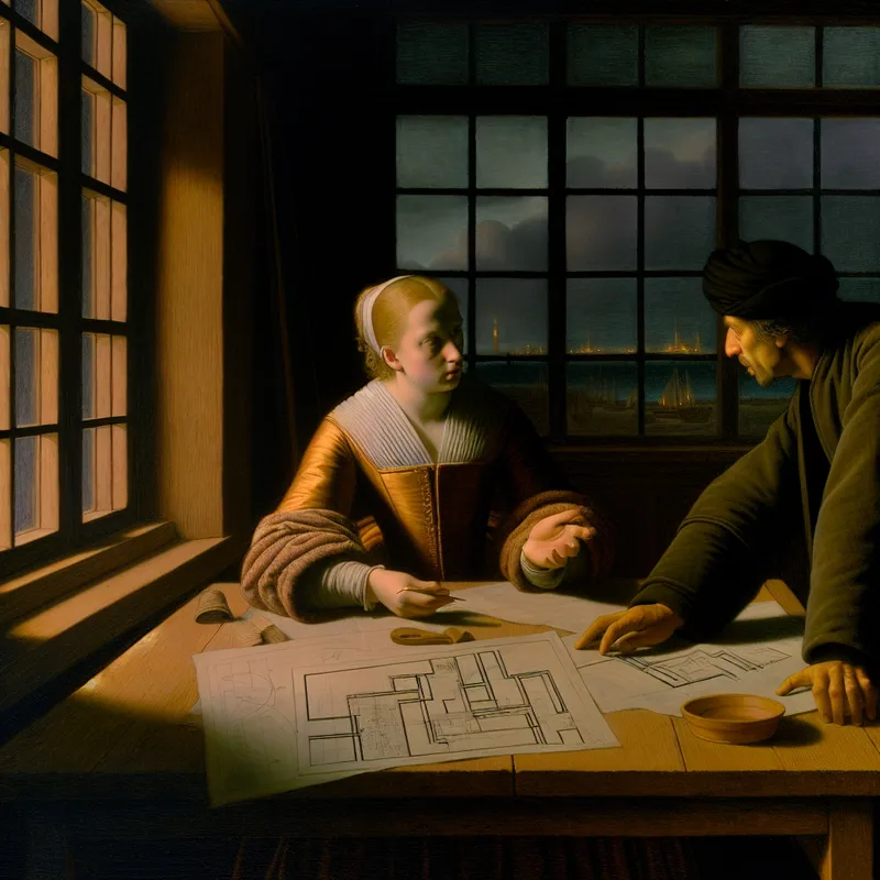 Twee mensen in een slecht verlichte kamer, verdiept in een gesprek aan een houten tafel met papieren en schetsen, symboliserend een projectbeslissing.