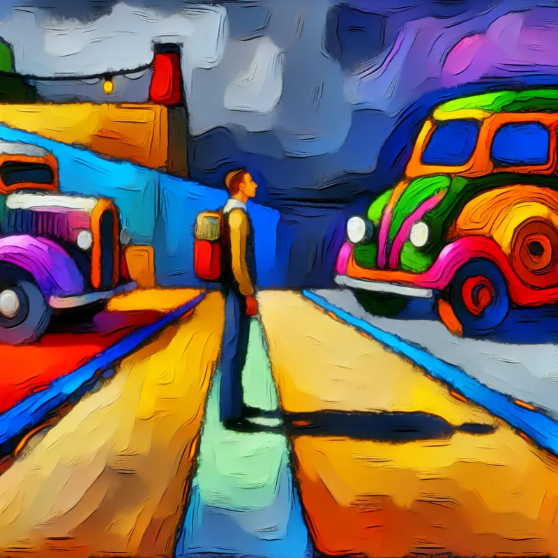 Abstracte kleurrijke afbeelding van een besluitvormingsmoment met twee wegen: een felgekleurde bus en een levendige auto.