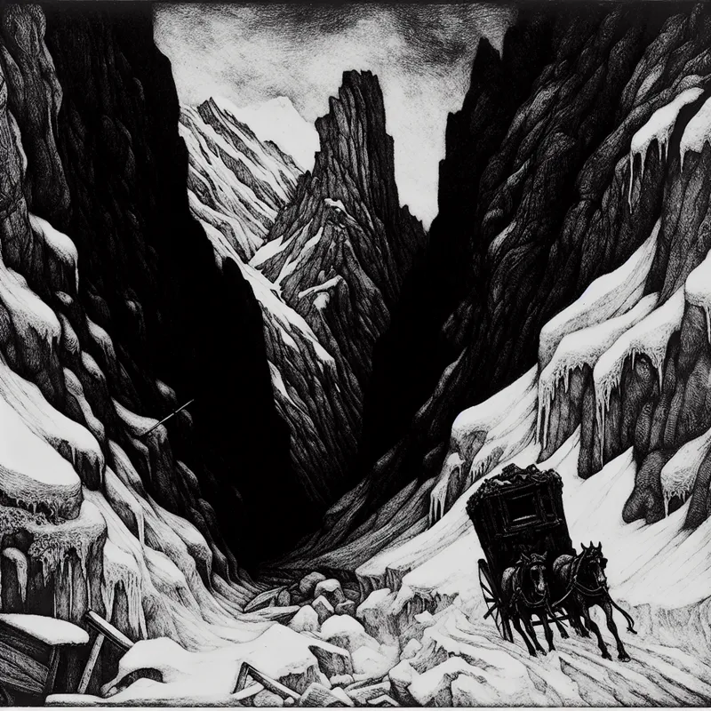 Donkere, mysterieuze bergpas met besneeuwde paden en een oude koets die door de sneeuw rijdt, omringd door steile kliffen en een dreigende lucht