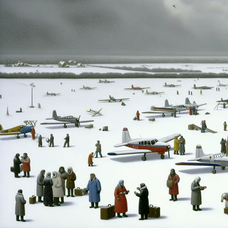 Winterse luchthavenscène met besneeuwde vliegtuigen en gefrustreerde piloten en grondpersoneel, geïnspireerd op Hendrick Avercamp