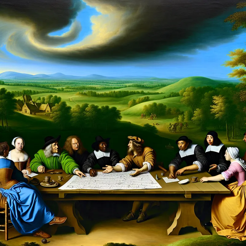 Een groep mensen die aan een lange houten tafel zit, gepositioneerd in een groene landschap, met een open rapport en belangrijke punten gemarkeerd, onder een dramatische lucht.