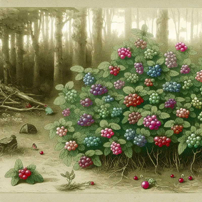 Een kleurrijke bessenstruik vol rijpe, ronde bessen onder zacht zonlicht, omringd door een serene bosachtergrond en fladderende vlinders.