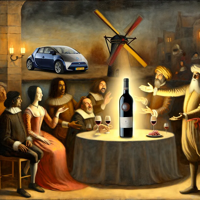 17e-eeuwse scène in Rembrandt-stijl met een sommelier die een fles premium rode wijn presenteert aan verfijnde gasten, met een moderne hybride auto en Nederlandse windmolen op de achtergrond als symbool van duurzaamheid en de beste keuze