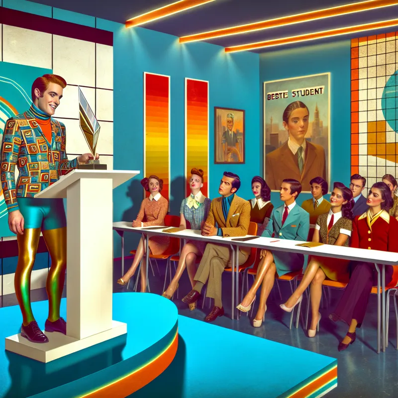 Een student ontvangt een prijs voor academische excellentie in een retro-futuristisch klaslokaal, omringd door bewonderende medestudenten.