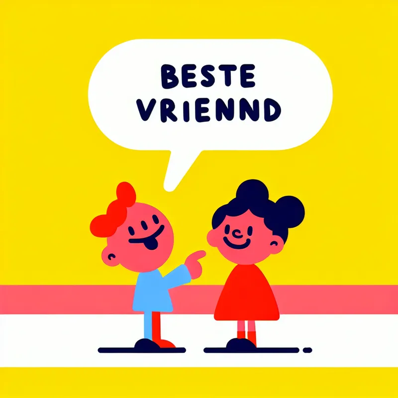 Minimalistische illustratie van twee cartoonachtige karakters die naar elkaar wijzen met de tekst 'beste vriend' in een spraakwolk, kleurrijke achtergrond.